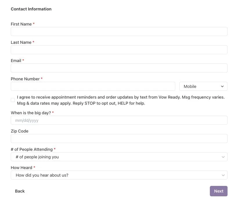 Vow Ready booking form showing the optional, unchecked SMS consent checkbox