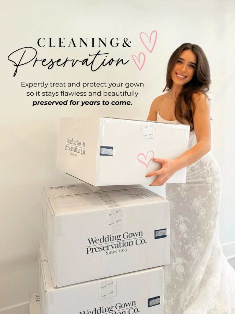 woman wearing aa white bridal gown holding a preservation box