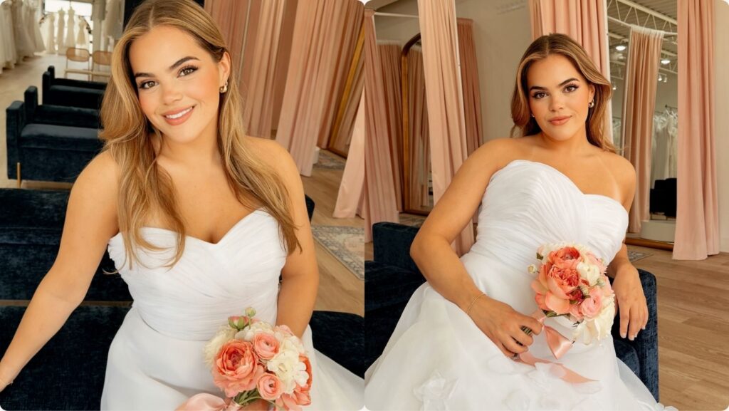 Bride in a strapless ruched ball gown wedding dress holding a blush and ivory bouquet inside a bridal boutique, shown in two elegant portrait poses during her dress shopping experience.