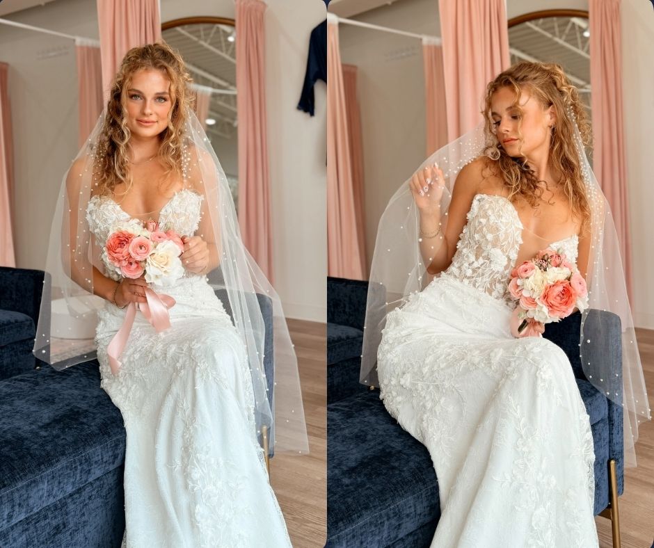 Two brides modeling wedding dresses while holding bouquets inside a bridal boutique fitting area.